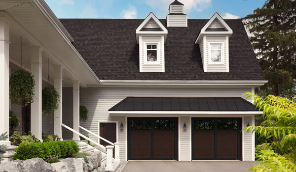 Modern farmhouse style exterior house, 2 storeys, white and black, single garage doors